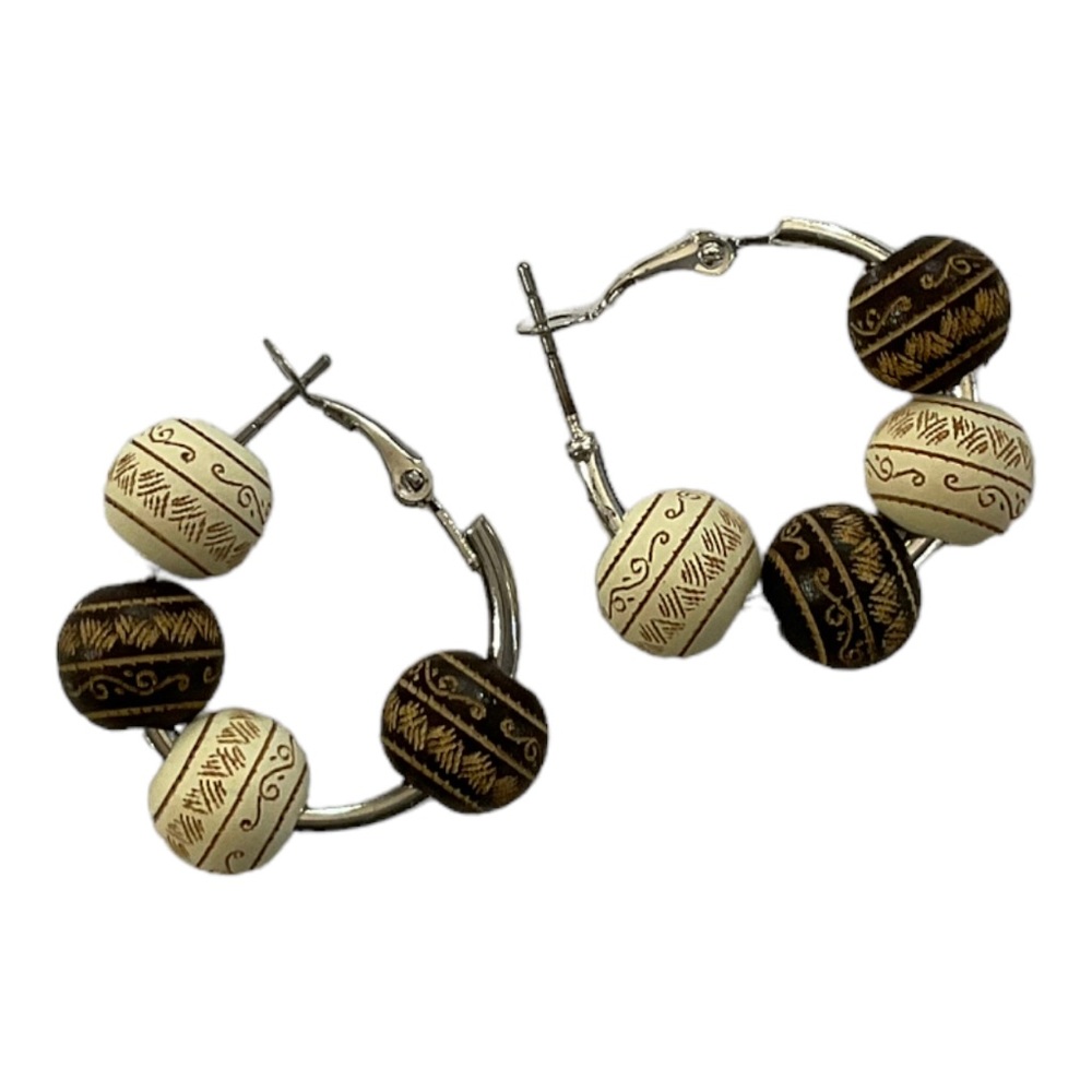 Bohemian Carved Painted Natural Wood Bead Hoop Earrings